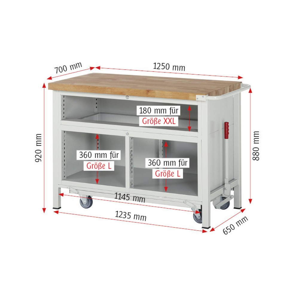 Immagine del prodotto n. 7: Banco da lavoro RAU serie 8000 con telaio abbassabile, 1 contenitore triplo, AxLxP 920 x 1.250 x 700 mm, 5 cassetti, 1 anta battente