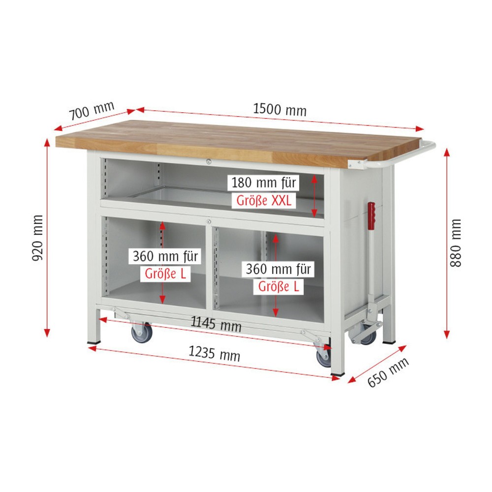 Immagine del prodotto n. 8: Banco da lavoro RAU serie 8000 con telaio abbassabile, 1 contenitore triplo, AxLxP 920 x 1.500 x 700 mm, 5 cassetti, 1 anta battente