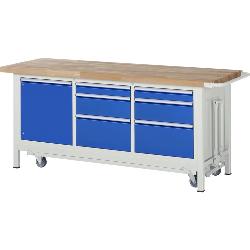 Immagine del prodotto: Banco da lavoro RAU serie 8000 con telaio abbassabile, 1 contenitore triplo, AxLxP 880 x 2.000 x 700 mm, 6 cassetti, 1 anta battente, 1 ripiano