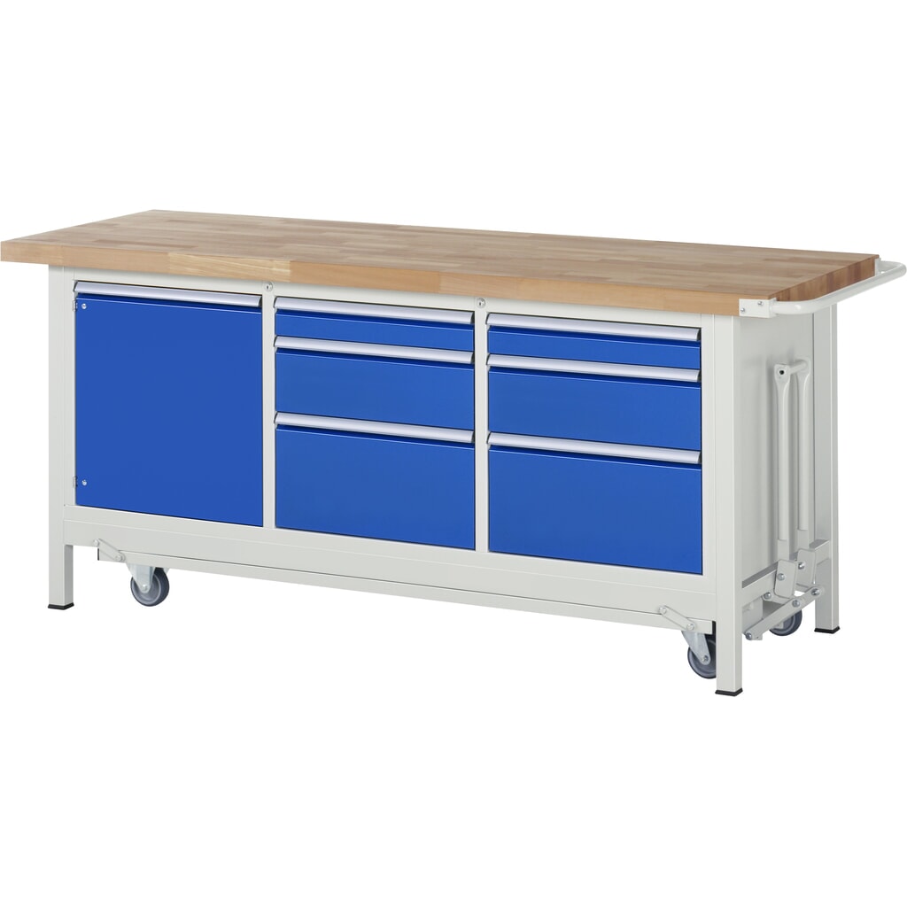 RAU Banco da lavoro con carrello Serie 8000, HxLxP 880 x 2.000 x 700 mm, 1 contenitore triplo nella base, con 6 cassetti e 1 anta battente Immagine del prodotto: RAU Banco da lavoro con carrello Serie 8000, HxLxP 880 x 2.000 x 700 mm, 1 contenitore triplo nella base, con 6 cassetti e 1 anta battente