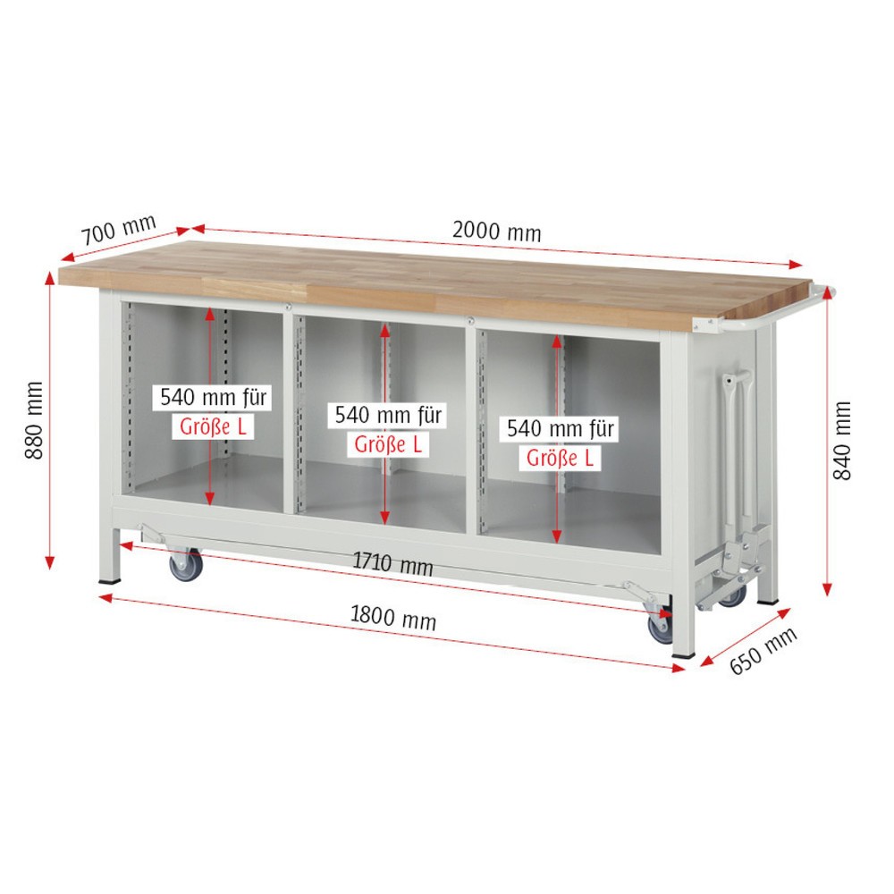 Immagine del prodotto n. 7: Banco da lavoro RAU serie 8000 con telaio abbassabile, 1 contenitore triplo, AxLxP 880 x 2.000 x 700 mm, 3 cassetti estraibili al 100%, 1 ripiano, 2 ante battenti