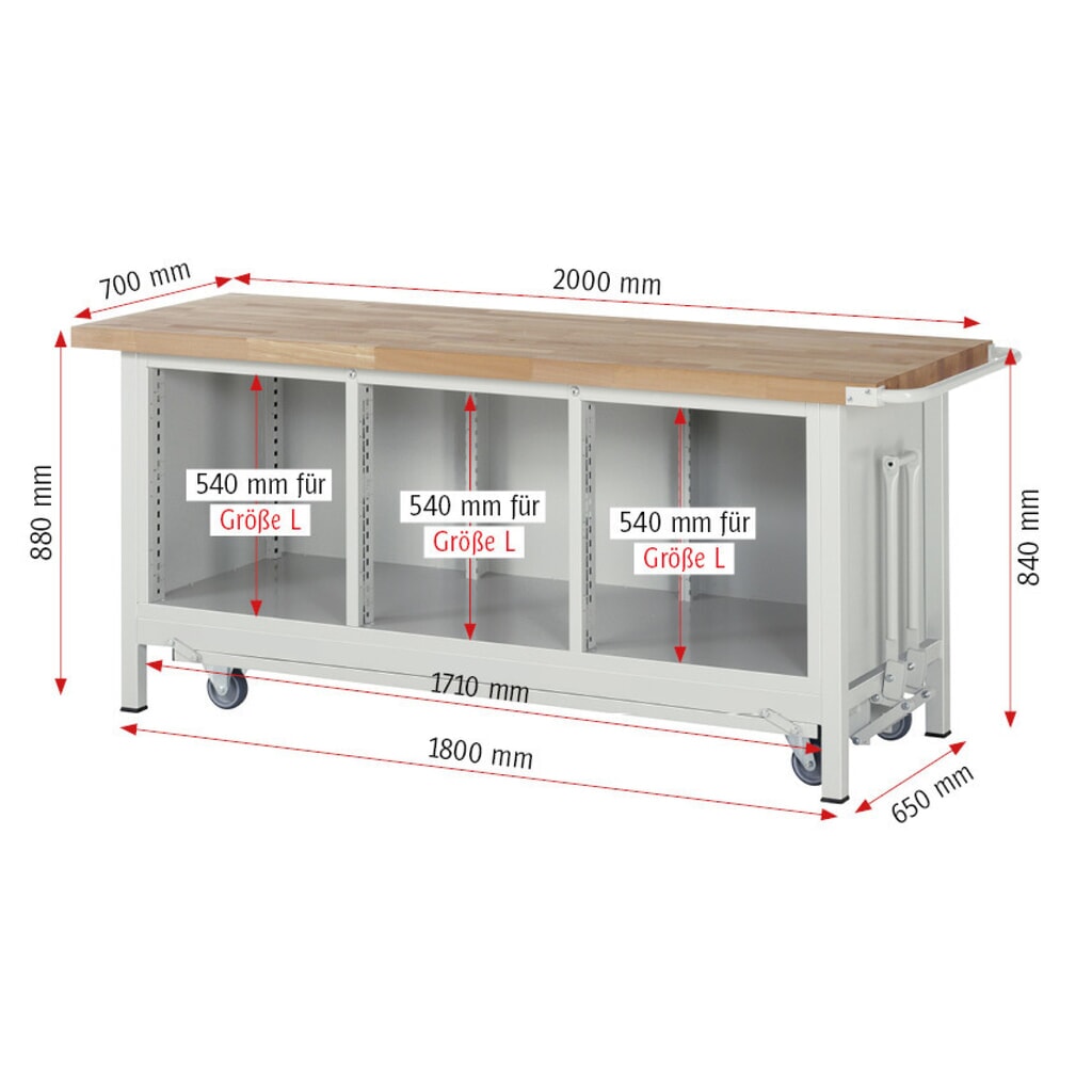 Immagine del prodotto n. 8: Banco da lavoro RAU serie 8000 con telaio abbassabile, 1 contenitore triplo, AxLxP 880 x 2.000 x 700 mm, 4 cassetti estraibili al 90%, 1 ripiano