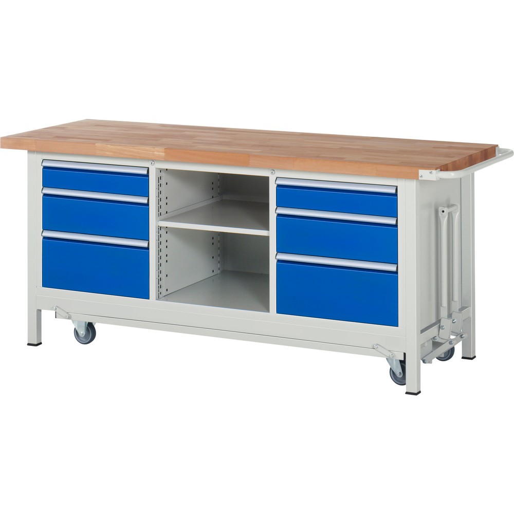 Immagine del prodotto: Banco da lavoro RAU serie 8000 con telaio abbassabile, 1 contenitore triplo, AxLxP 880 x 2.000 x 700 mm, 6 cassetti estraibili al 100% 2 x 120 mm, 2 x 150 mm, 2 x 270 mm, 1 ripiano