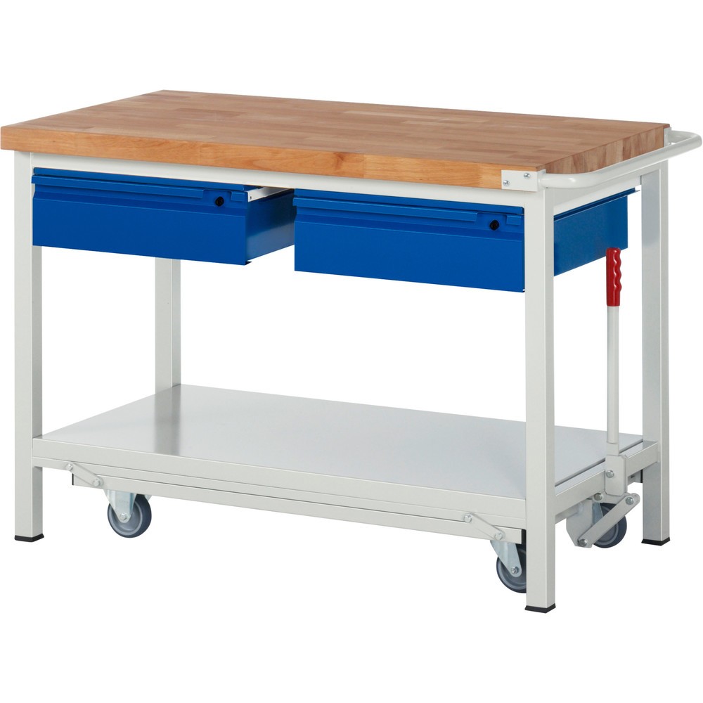 Immagine del prodotto n. 1: Banco da lavoro RAU serie 8000 con telaio abbassabile, 2 cassetti, 1 piano di appoggio, AxLxP 880 x 1.250 x 700 mm, 2 cassetti