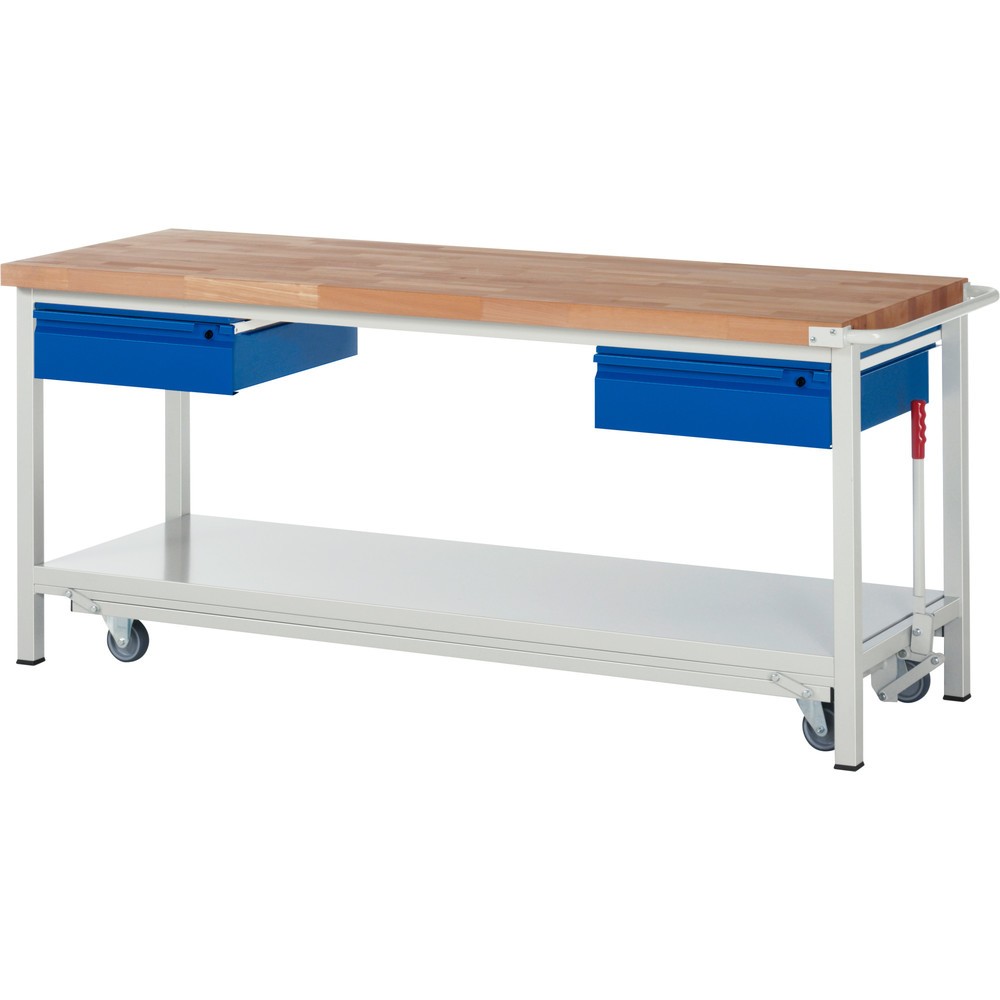 Immagine del prodotto n. 1: Banco da lavoro RAU serie 8000 con telaio abbassabile, 2 cassetti, 1 piano di appoggio, AxLxP 880 x 2.000 x 700 mm, 2 cassetti