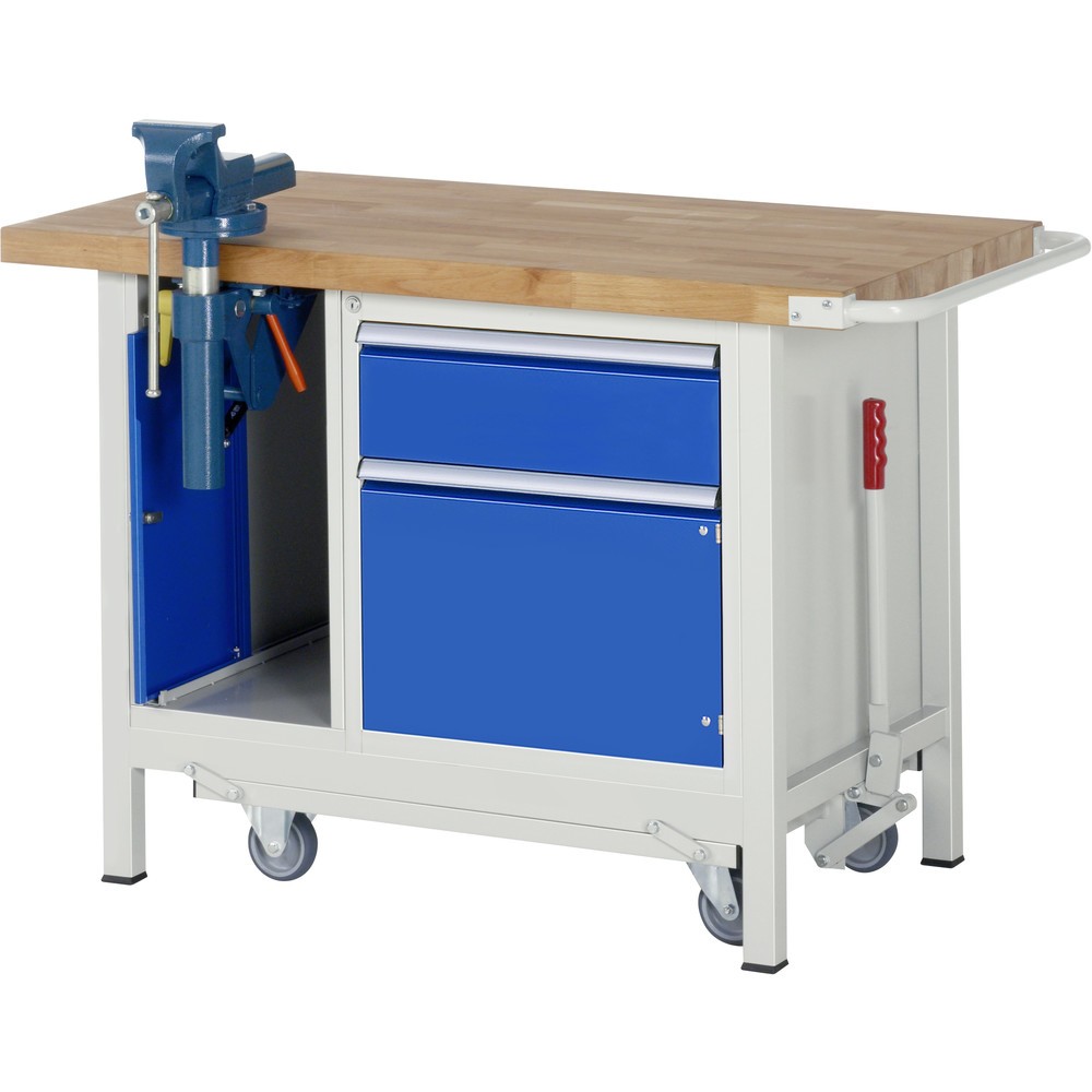 Immagine del prodotto n. 1: RAU Banco da lavoro con carrello Serie 8000, HxLxP 880 x 1.250 x 700 mm, 1 contenitore nella base, con 1 anta battente e 1 morsa da banco retrattile