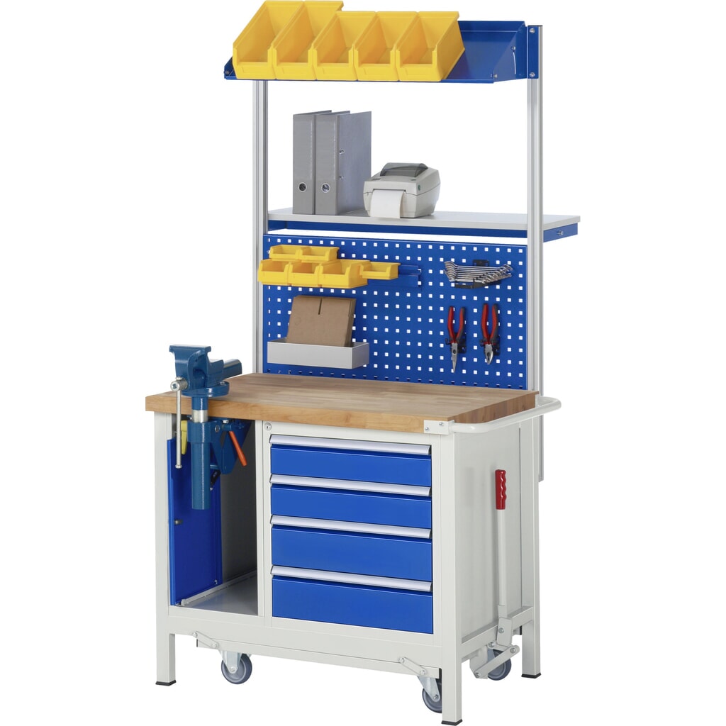 Immagine del prodotto n. 13: Banco da lavoro RAU serie 8000 con telaio abbassabile, 2 contenitori, AxLxP 880 x 1.000 x 700 mm, 3 cassetti estraibili al 90%