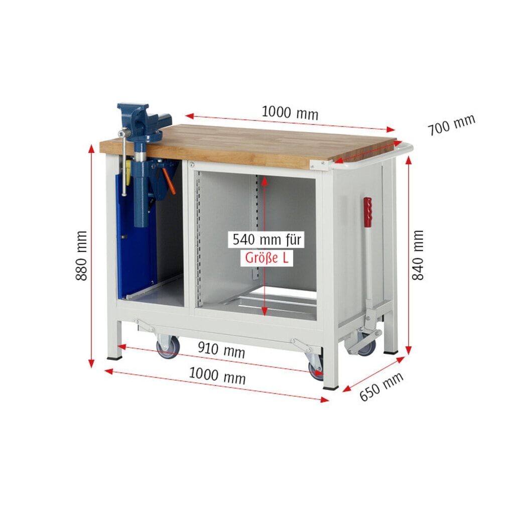 Immagine del prodotto n. 14: Banco da lavoro RAU serie 8000 con telaio abbassabile, 2 contenitori, AxLxP 880 x 1.000 x 700 mm, 3 cassetti estraibili al 90%