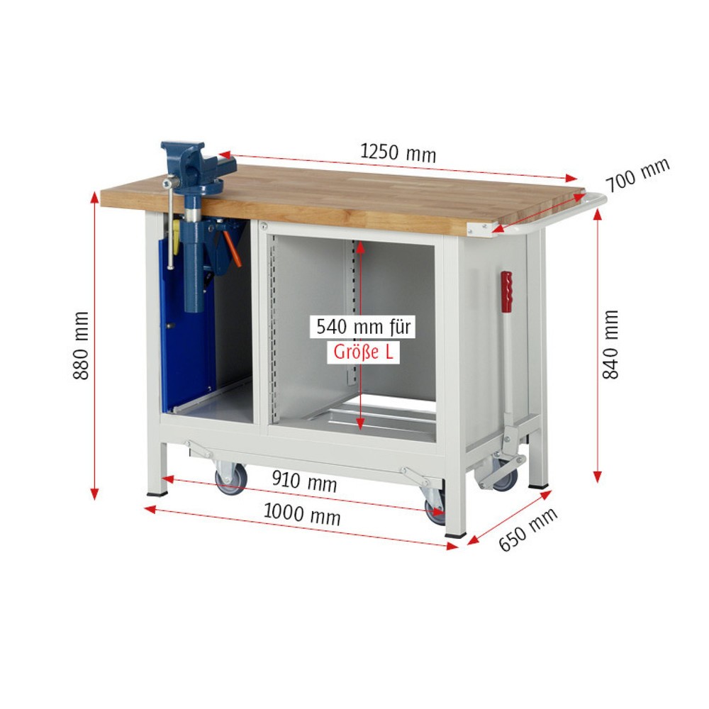 Immagine del prodotto n. 11: Banco da lavoro RAU serie 8000 con telaio abbassabile, 2 contenitori, AxLxP 880 x 1.250 x 700 mm, 5 cassetti estraibili al 90%