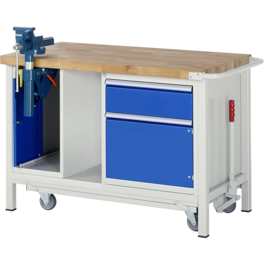 Immagine del prodotto n. 1: RAU Banco da lavoro con carrello Serie 8000, HxLxP 880 x 1.250 x 700 mm, 1 contenitore nella base, con 1 anta battente e 1 morsa da banco retrattile