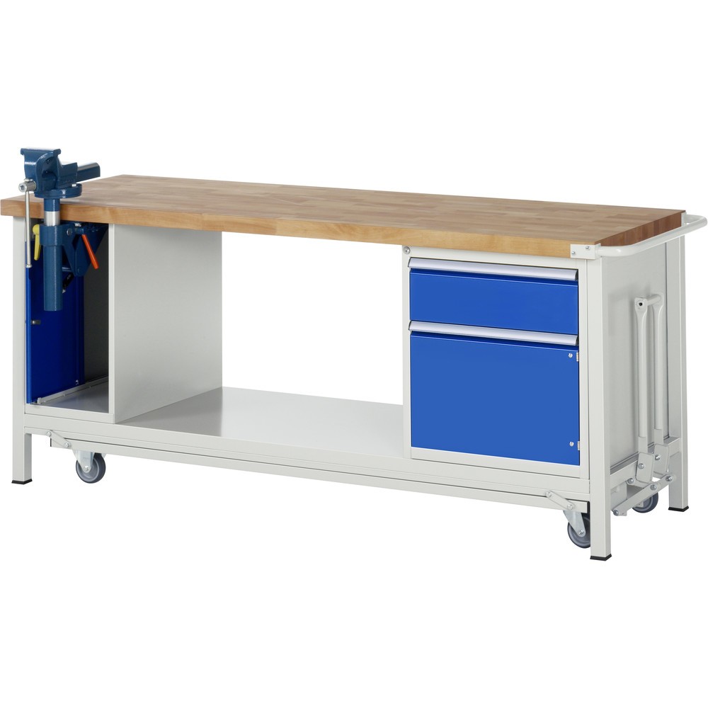 Immagine del prodotto: Banco da lavoro RAU serie 8000 con telaio abbassabile, 2 contenitori, 1 piano di appoggio, AxLxP 880 x 2.000 x 700 mm, 1 cassetti