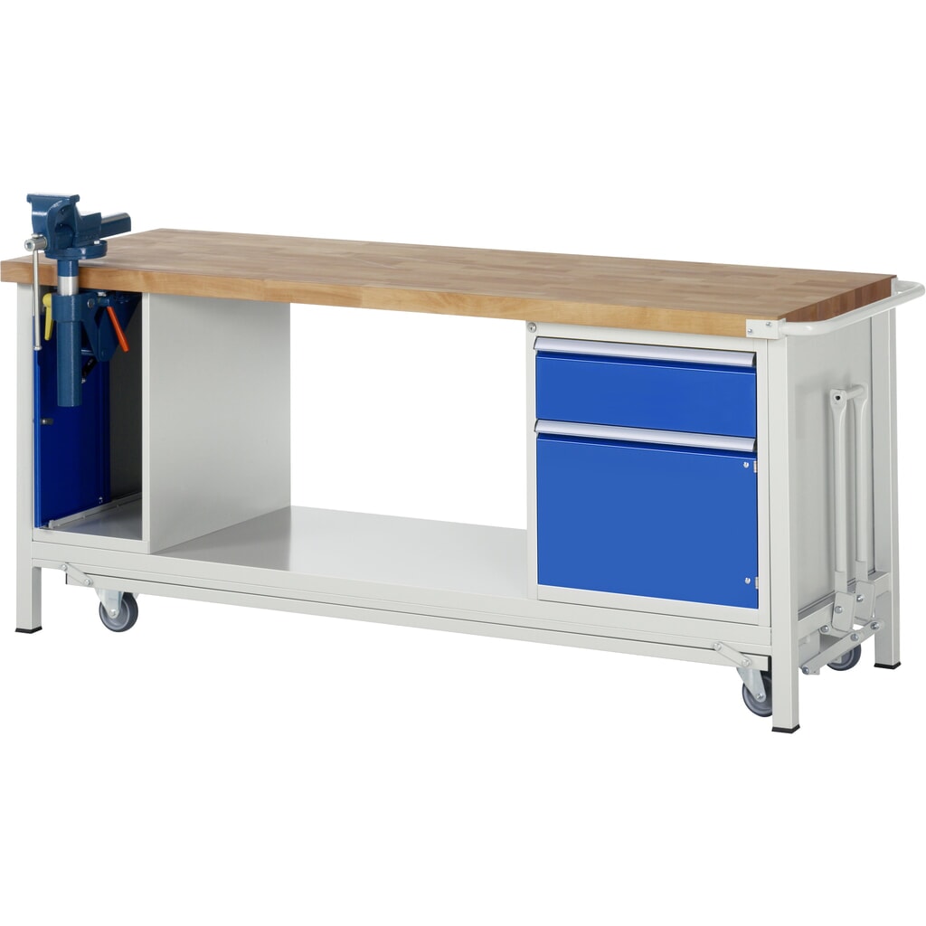 Immagine del prodotto: Banco da lavoro RAU serie 8000 con telaio abbassabile, 2 contenitori, 1 piano di appoggio, AxLxP 880 x 2.000 x 700 mm, 1 cassetti
