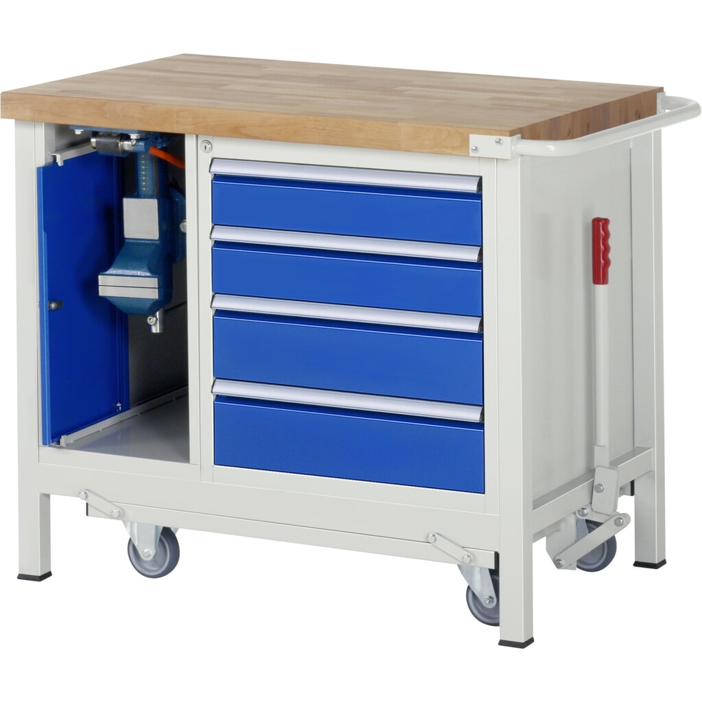 Immagine del prodotto n. 10: Banco da lavoro RAU serie 8000 con telaio abbassabile, 2 contenitori, AxLxP 880 x 1.000 x 700 mm, 3 cassetti estraibili al 90%