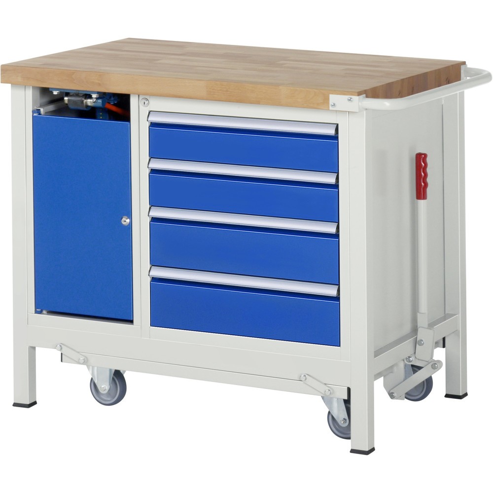 Immagine del prodotto n. 8: Banco da lavoro RAU serie 8000 con telaio abbassabile, 2 contenitori, 1 piano di appoggio, AxLxP 880 x 1.250 x 700 mm, 4 cassetti