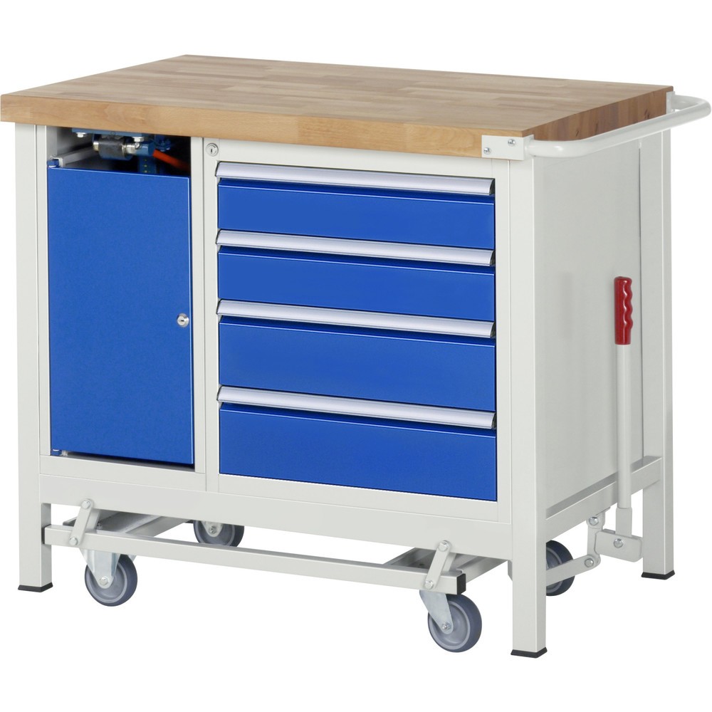 Immagine del prodotto n. 9: Banco da lavoro RAU serie 8000 con telaio abbassabile, 2 contenitori, 1 piano di appoggio, AxLxP 880 x 1.250 x 700 mm, 4 cassetti