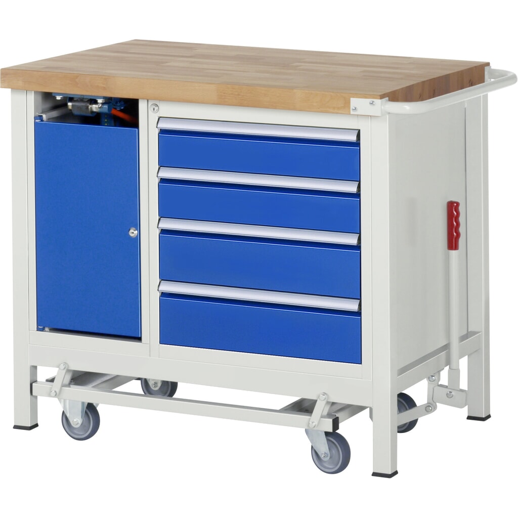 Immagine del prodotto n. 12: Banco da lavoro RAU serie 8000 con telaio abbassabile, 2 contenitori, AxLxP 880 x 1.000 x 700 mm, 3 cassetti estraibili al 90%
