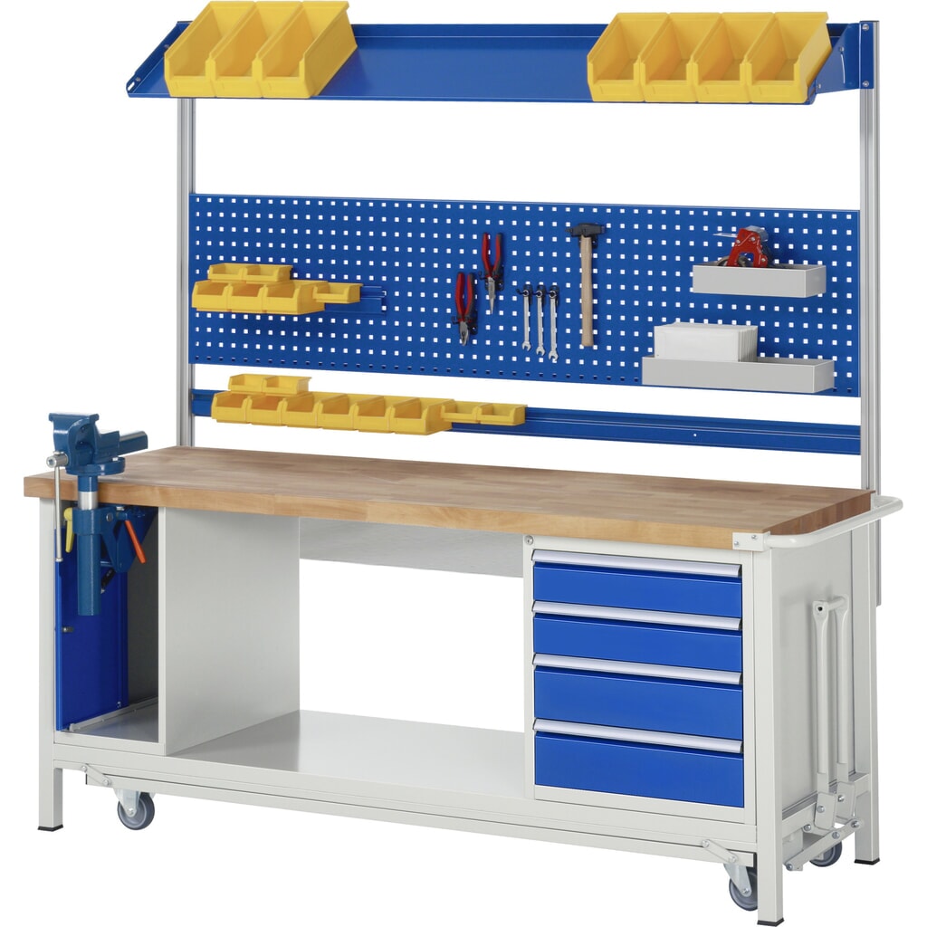 Immagine del prodotto n. 15: Banco da lavoro RAU serie 8000 con telaio abbassabile, 2 contenitori, 1 piano di appoggio, AxLxP 880 x 2.000 x 700 mm, 1 cassetti