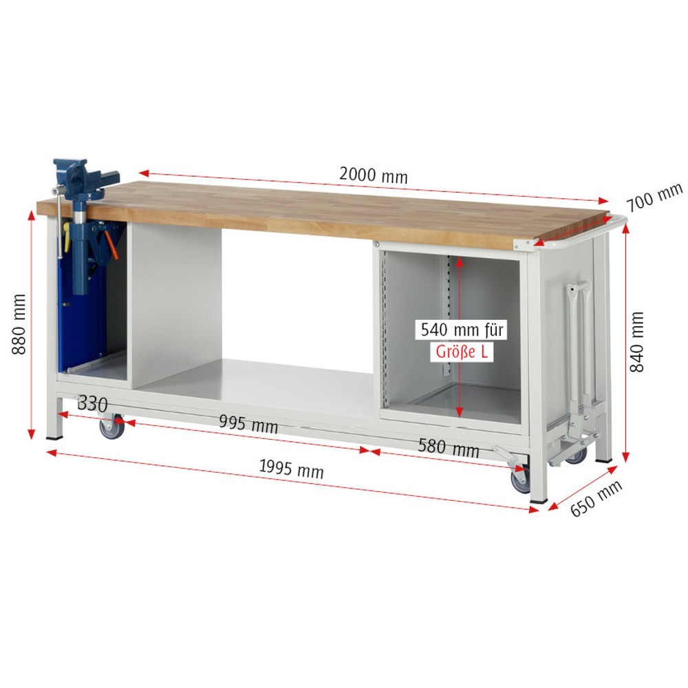 Immagine del prodotto n. 12: Banco da lavoro RAU serie 8000 con telaio abbassabile, 2 contenitori, 1 piano di appoggio, AxLxP 880 x 2.000 x 700 mm, 1 cassetti