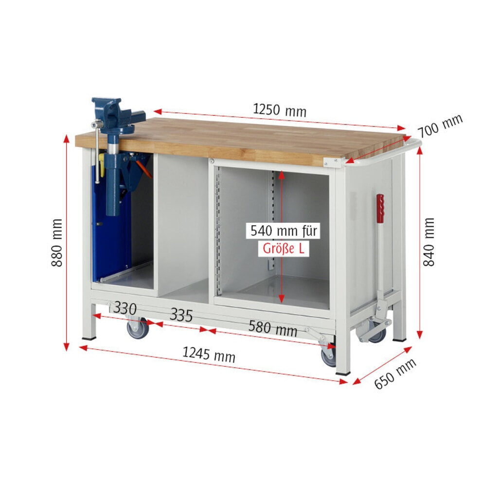 Immagine del prodotto n. 14: Banco da lavoro RAU serie 8000 con telaio abbassabile, 2 contenitori, 1 piano di appoggio, AxLxP 880 x 1.250 x 700 mm, 5 cassetti estraibili al 90%