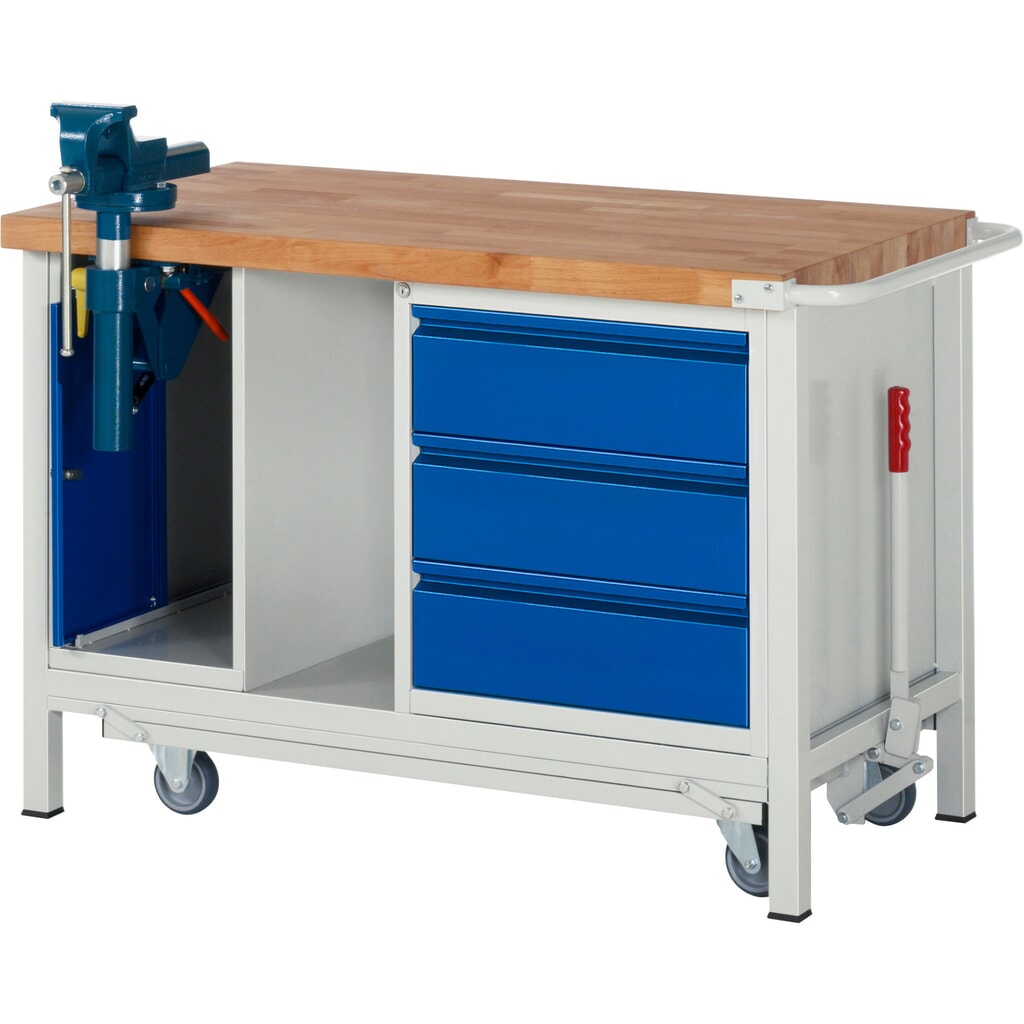 Banco da lavoro RAU serie 8000 con telaio abbassabile, 2 contenitori, 1 piano di appoggio, AxLxP 880 x 1.250 x 700 mm, 3 cassetti estraibili al 90% Immagine del prodotto: Banco da lavoro RAU serie 8000 con telaio abbassabile, 2 contenitori, 1 piano di appoggio, AxLxP 880 x 1.250 x 700 mm, 3 cassetti estraibili al 90%