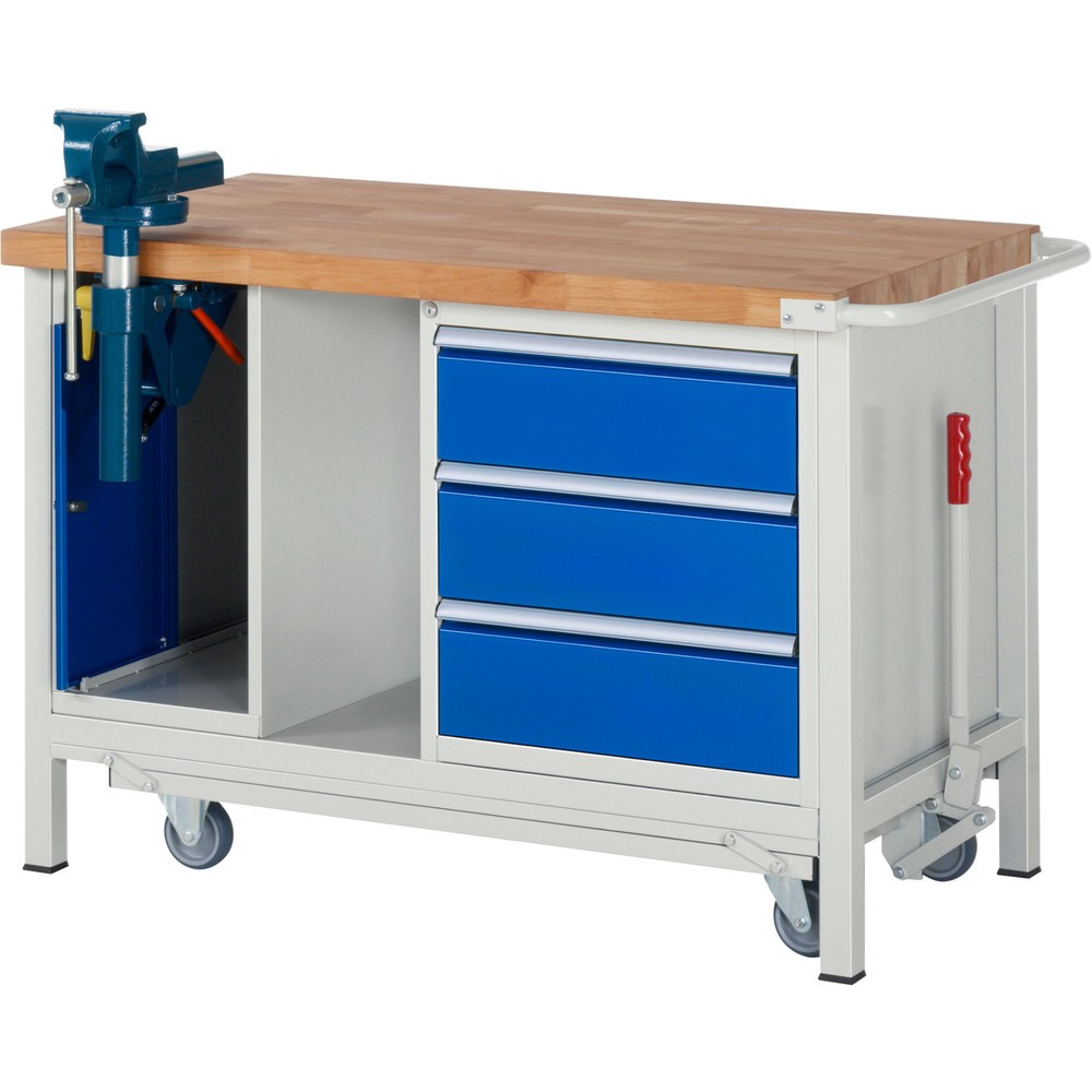 Immagine del prodotto: Banco da lavoro RAU serie 8000 con telaio abbassabile, 2 contenitori, 1 piano di appoggio, AxLxP 880 x 1.250 x 700 mm, 3 cassetti estraibili al 100%