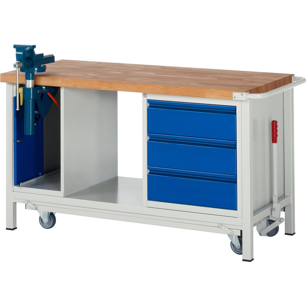 Immagine del prodotto n. 1: Banco da lavoro RAU serie 8000 con telaio abbassabile, 2 contenitori, 1 piano di appoggio, AxLxP 880 x 1.500 x 700 mm, 3 cassetti estraibili al 90%