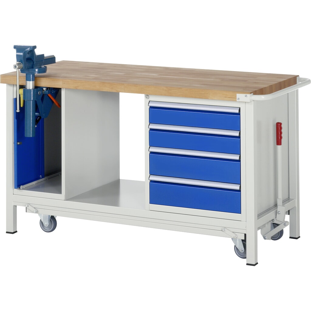 RAU Banco da lavoro con carrello Serie 8000, HxLxP 880 x 1.500 x 700 mm, 1 contenitore nella base con 4 cassetti e morsa da banco retrattile Immagine del prodotto: RAU Banco da lavoro con carrello Serie 8000, HxLxP 880 x 1.500 x 700 mm, 1 contenitore nella base con 4 cassetti e morsa da banco retrattile