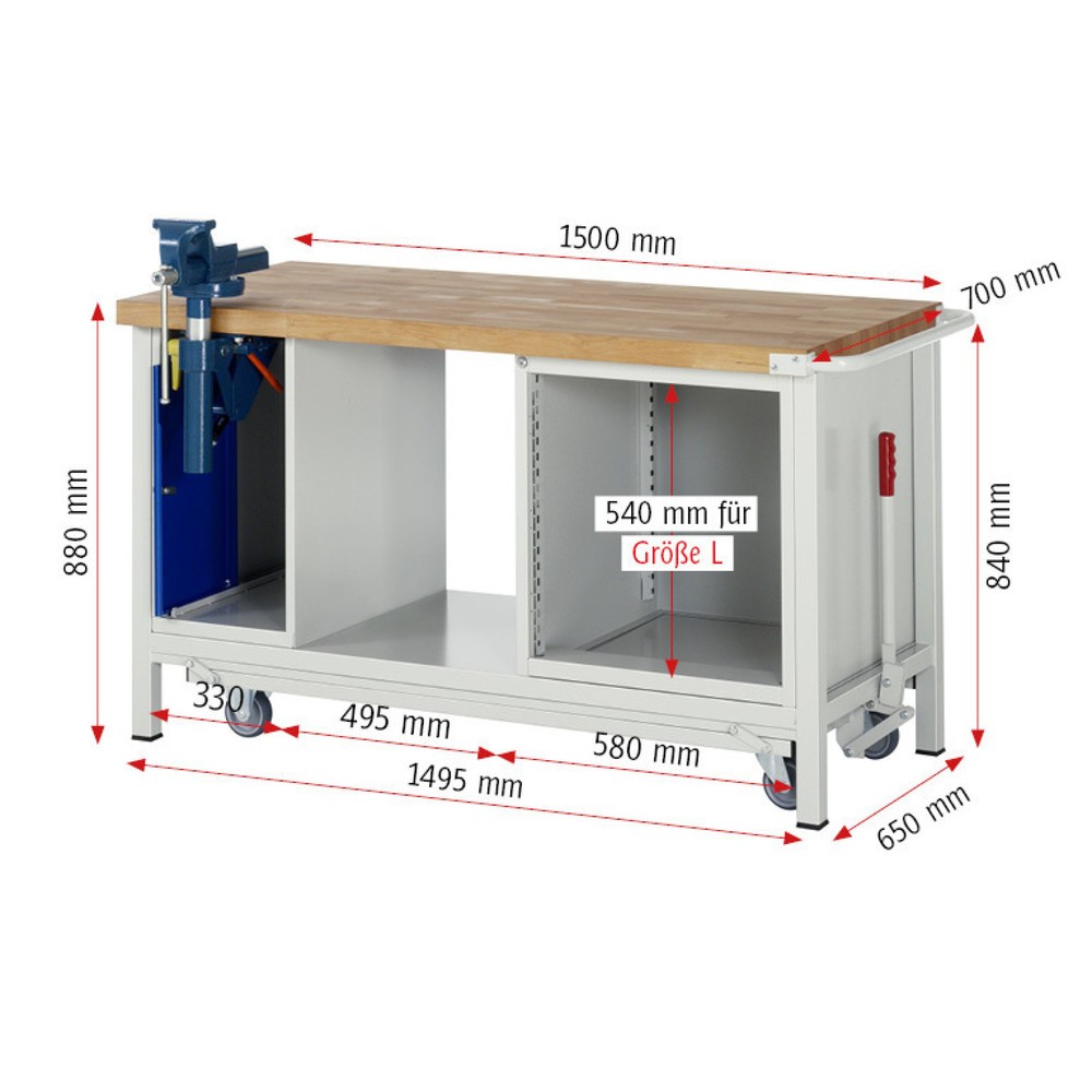 Immagine del prodotto n. 11: Banco da lavoro RAU serie 8000 con telaio abbassabile, 2 contenitori, 1 piano di appoggio, AxLxP 880 x 1.500 x 700 mm, 4 cassetti