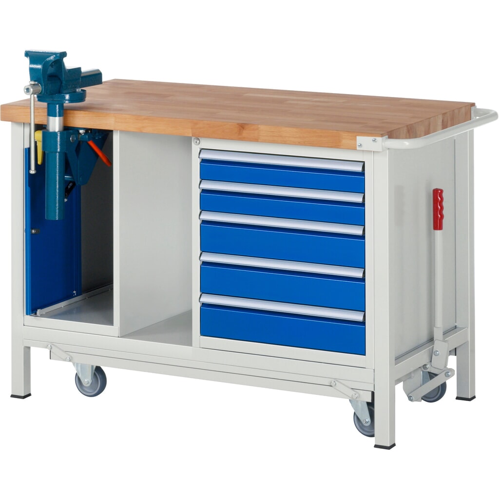 Banco da lavoro RAU serie 8000 con telaio abbassabile, 2 contenitori, 1 piano di appoggio, AxLxP 880 x 1.250 x 700 mm, 5 cassetti estraibili al 90% Immagine del prodotto: Banco da lavoro RAU serie 8000 con telaio abbassabile, 2 contenitori, 1 piano di appoggio, AxLxP 880 x 1.250 x 700 mm, 5 cassetti estraibili al 90%