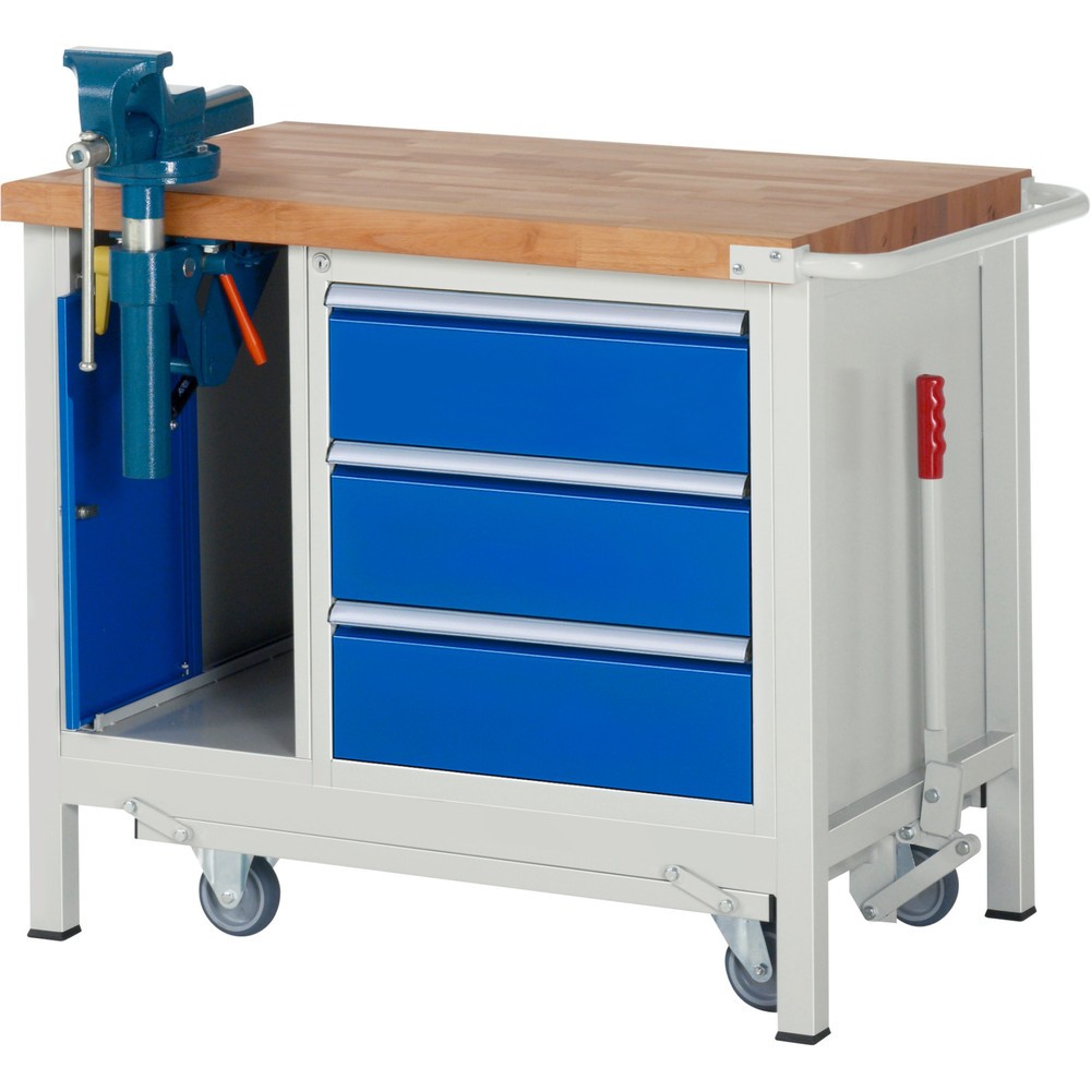 Immagine del prodotto: Banco da lavoro RAU serie 8000 con telaio abbassabile, 2 contenitori, AxLxP 880 x 1.000 x 700 mm, 3 cassetti estraibili al 90%