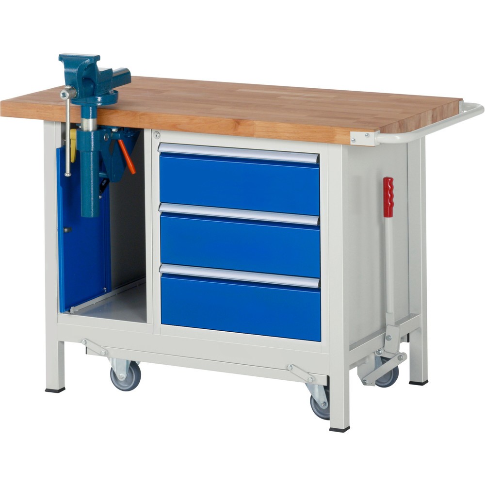 Immagine del prodotto n. 1: Banco da lavoro RAU serie 8000 con telaio abbassabile, 2 contenitori, AxLxP 880 x 1.250 x 700 mm, 3 cassetti estraibili al 100%