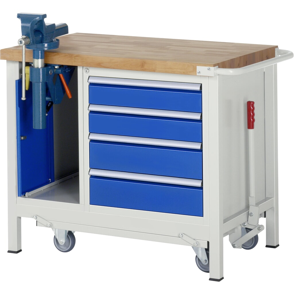 RAU Banco da lavoro con carrello Serie 8000, HxLxP 880 x 1.000 x 700 mm, 1 contenitore nella base con 4 cassetti e morsa da banco retrattile Immagine del prodotto: RAU Banco da lavoro con carrello Serie 8000, HxLxP 880 x 1.000 x 700 mm, 1 contenitore nella base con 4 cassetti e morsa da banco retrattile