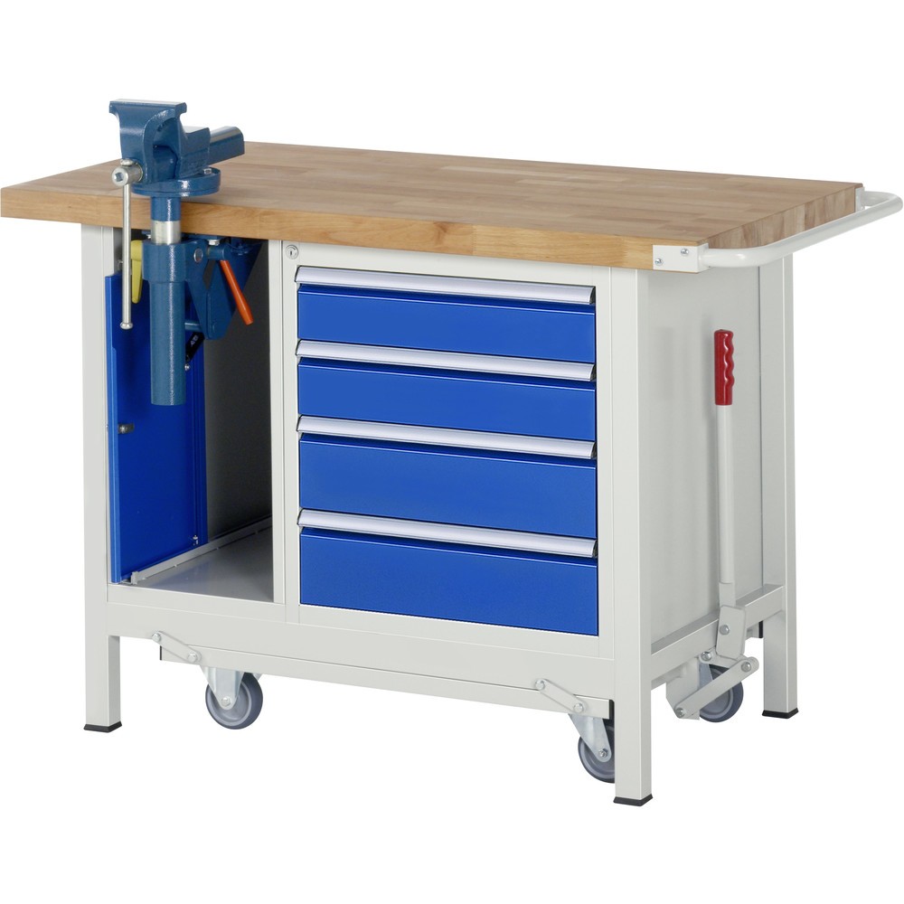 Immagine del prodotto n. 1: RAU Banco da lavoro con carrello Serie 8000, HxLxP 880 x 1.250 x 700 mm, 1 contenitore nella base con 4 cassetti e morsa da banco retrattile