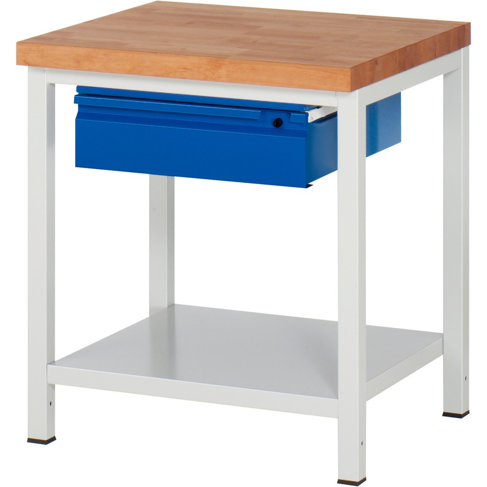 Immagine del prodotto: Banco da lavoro RAU serie 8000, piano di lavoro in faggio massiccio, spessore 40 mm, AxLxP 840-1.040 x 750 x 700 mm, 1 cassetto, 1 piano di appoggio profondità 650 mm