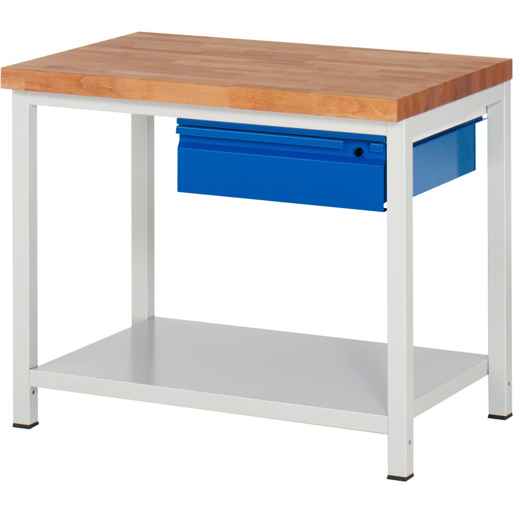 Immagine del prodotto n. 1: Banco da lavoro RAU serie 8000, piano di lavoro in faggio massiccio, spessore 40 mm, AxLxP 840 x 1.000 x 700 mm, 1 cassetto, 1 piano di appoggio profondità 650 mm