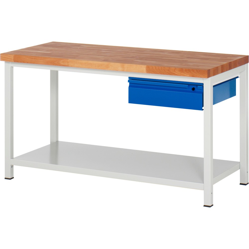 Immagine del prodotto n. 1: Banco da lavoro RAU serie 8000, piano di lavoro in faggio massiccio, spessore 40 mm, AxLxP 840-1.040 x 1.500 x 700 mm, 1 cassetto, 1 piano di appoggio profondità 650 mm