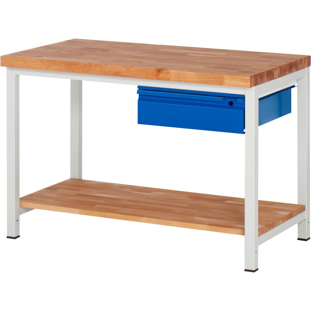 Banco da lavoro RAU serie 8000, piano di lavoro in faggio massiccio, spessore 40 mm, AxLxP 840 x 1.250 x 700 mm, 1 cassetto, 1 piano di appoggio profondità 557 mm Immagine del prodotto n. 1: Banco da lavoro RAU serie 8000, piano di lavoro in faggio massiccio, spessore 40 mm, AxLxP 840 x 1.250 x 700 mm, 1 cassetto, 1 piano di appoggio profondità 557 mm