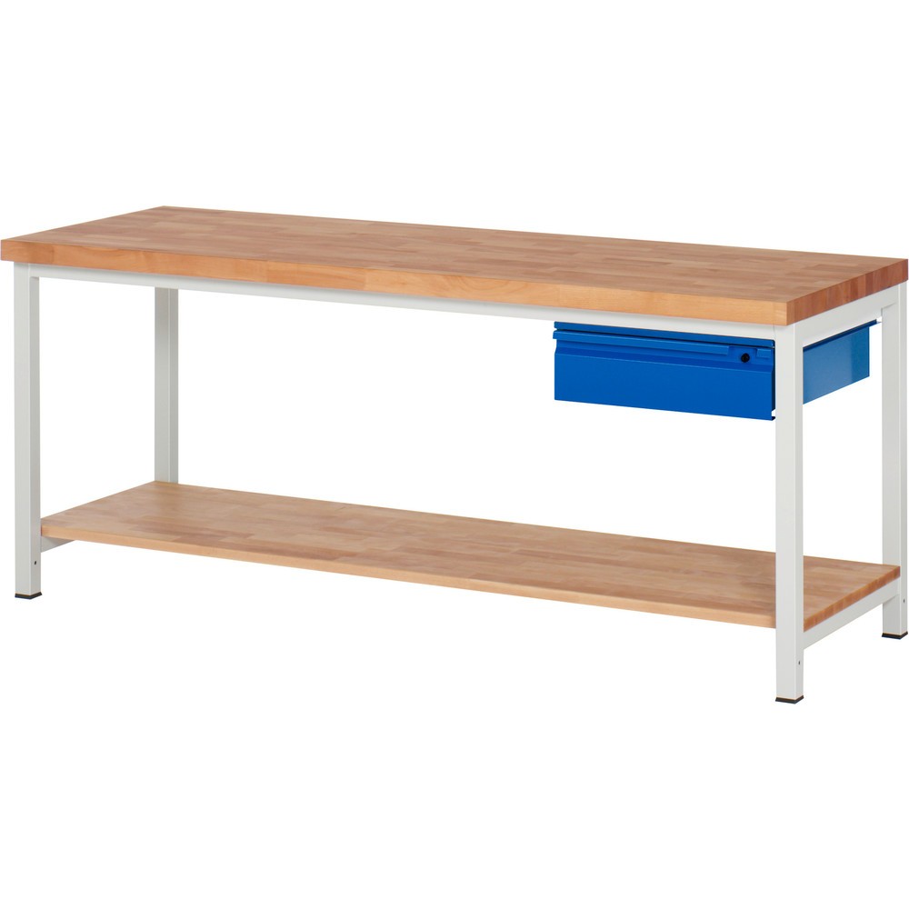 Immagine del prodotto n. 1: Banco da lavoro RAU serie 8000, piano di lavoro in faggio massiccio, spessore 40 mm, AxLxP 840 x 2.000 x 700 mm, 1 cassetto, 1 piano di appoggio profondità 557 mm
