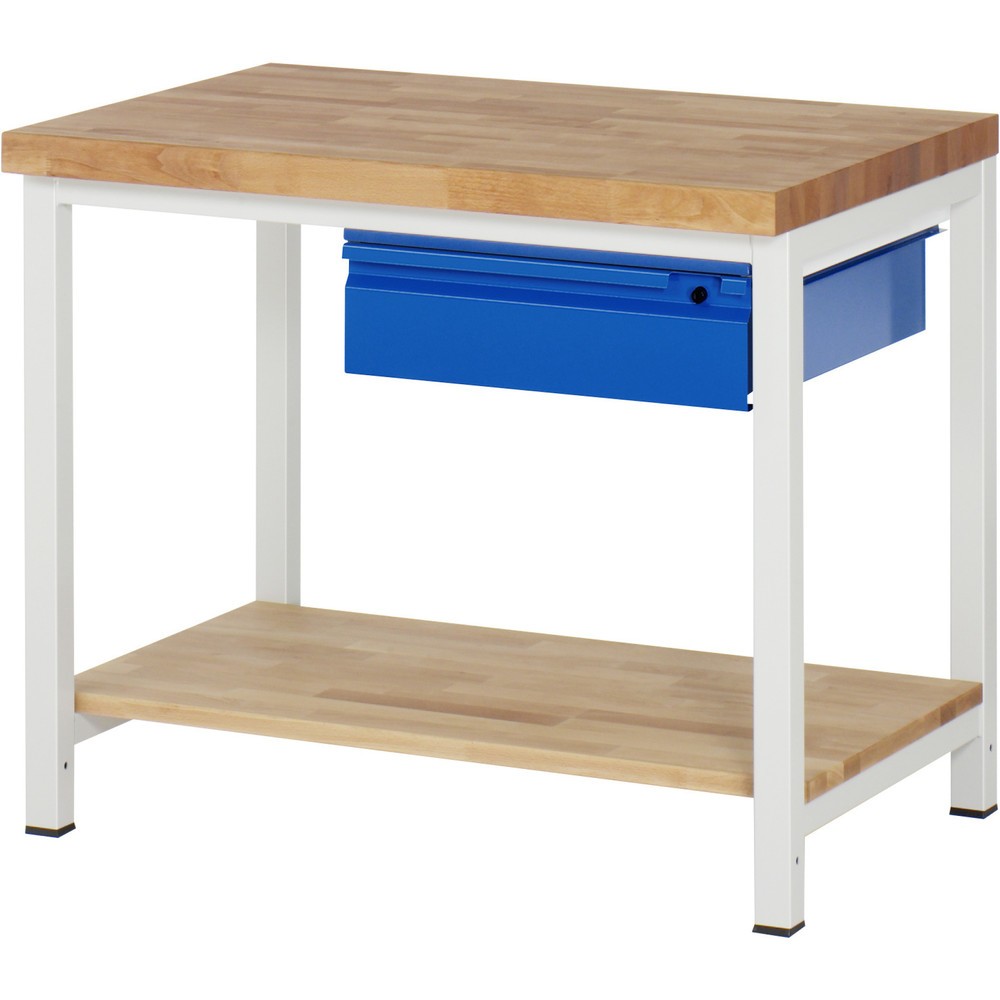 Immagine del prodotto n. 1: Banco da lavoro RAU serie 8000, piano di lavoro in faggio massiccio, spessore 40 mm, AxLxP 840-1.040 x 1.000 x 700 mm, 1 cassetto, 1 piano di appoggio profondità 557 mm