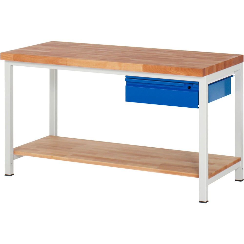Immagine del prodotto: Banco da lavoro RAU serie 8000, piano di lavoro in faggio massiccio, spessore 40 mm, AxLxP 840-1.040 x 1.500 x 700 mm, 1 cassetto, 1 piano di appoggio profondità 557 mm