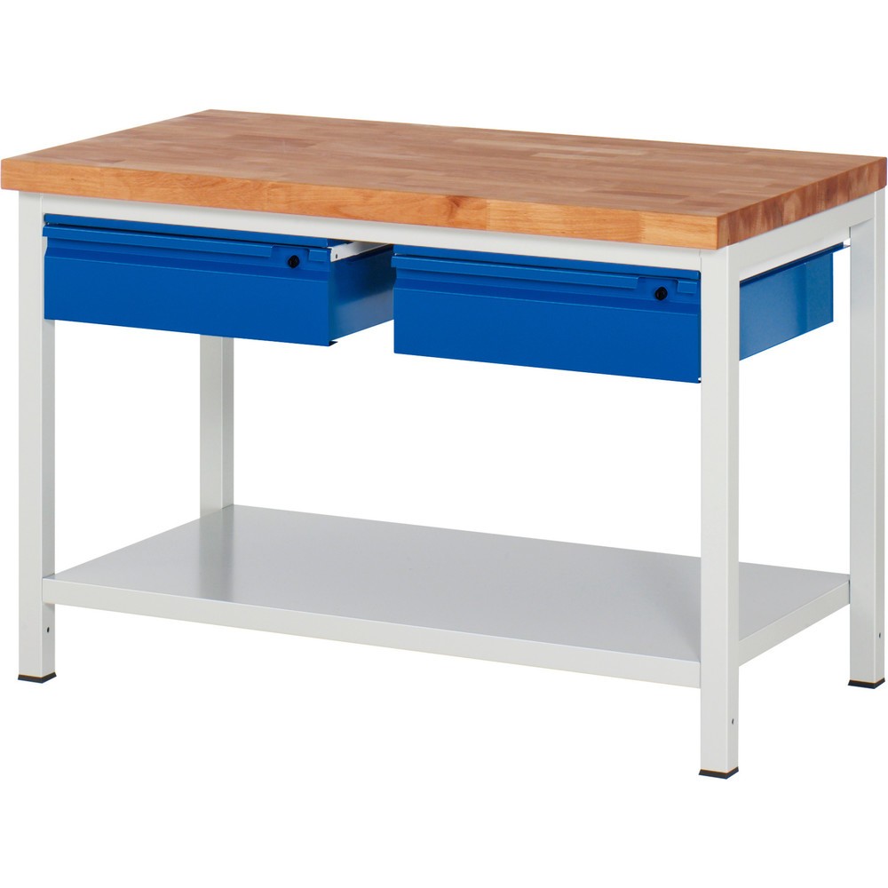 Immagine del prodotto: Banco da lavoro RAU serie 8000, piano di lavoro in faggio massiccio, spessore 40 mm, AxLxP 840 x 1.250 x 700 mm, 2 cassetti, 1 piano di appoggio profondità 650 mm