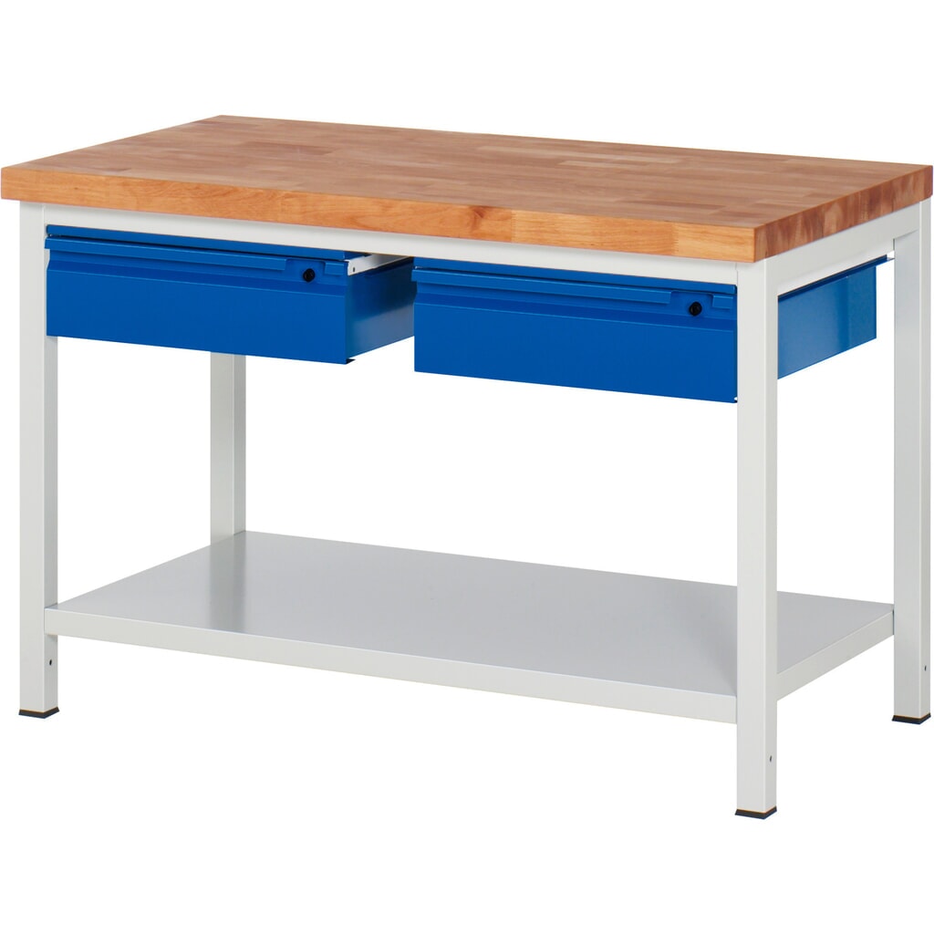 Immagine del prodotto n. 1: Banco da lavoro RAU serie 8000, piano di lavoro in faggio massiccio, spessore 40 mm, AxLxP 840-1.040 x 1.250 x 700 mm, 2 cassetti, 1 piano di appoggio profondità 650 mm