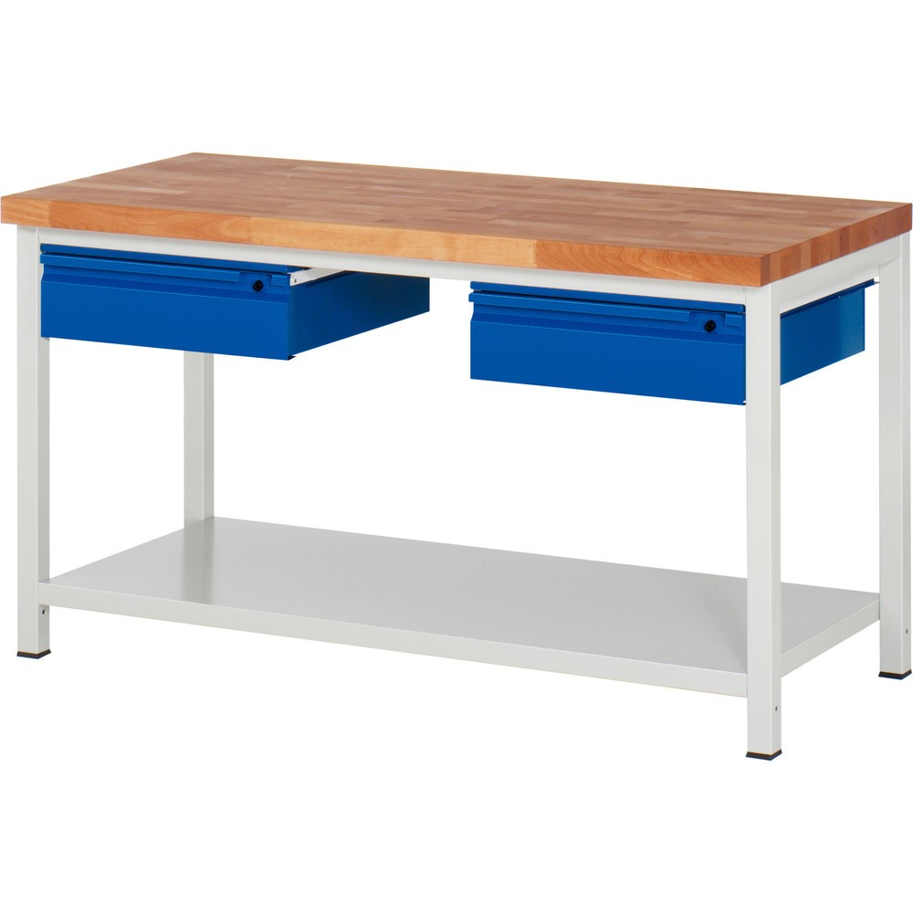 Immagine del prodotto n. 1: Banco da lavoro RAU serie 8000, piano di lavoro in faggio massiccio, spessore 40 mm, AxLxP 840 x 1.500 x 700 mm, 2 cassetti, 1 piano di appoggio profondità 650 mm