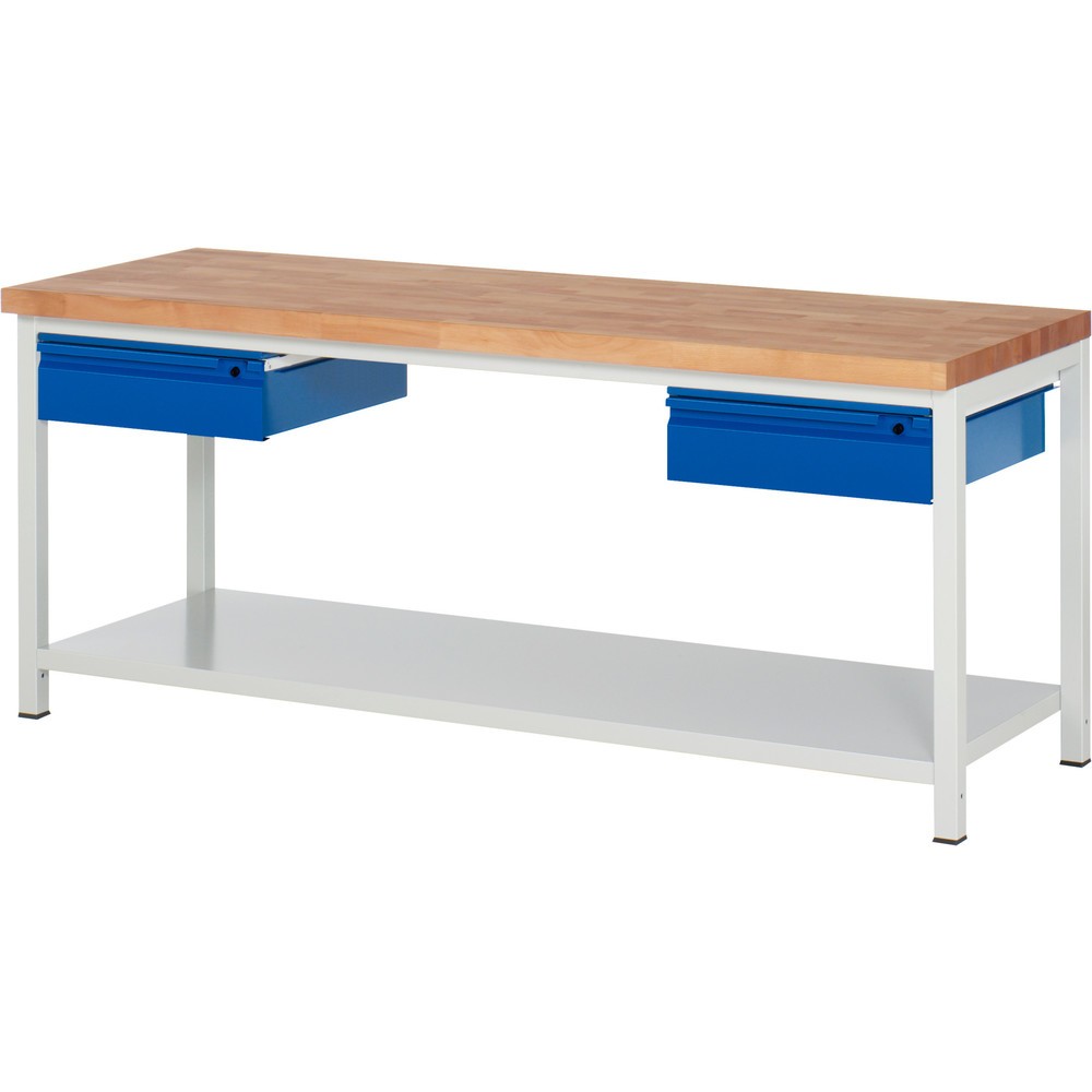 Immagine del prodotto n. 1: Banco da lavoro RAU serie 8000, piano di lavoro in faggio massiccio, spessore 40 mm, AxLxP 840-1.040 x 2.000 x 700 mm, 2 cassetti, 1 piano di appoggio profondità 650 mm