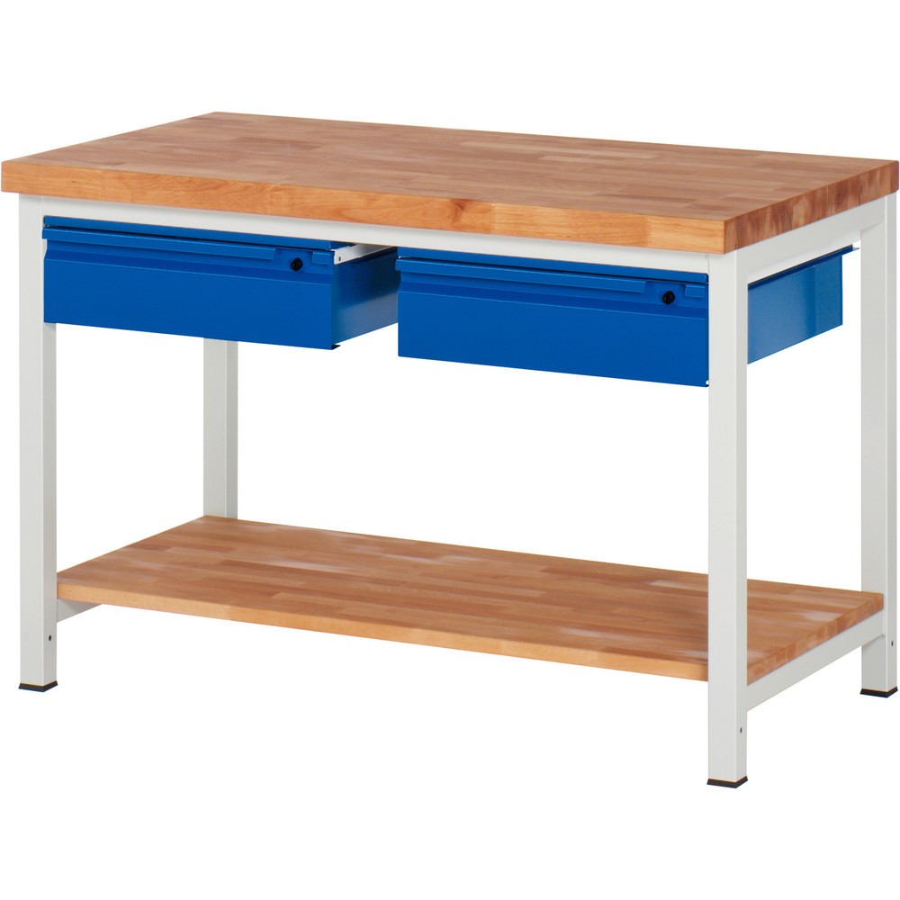 Immagine del prodotto n. 1: Banco da lavoro RAU serie 8000, piano di lavoro in faggio massiccio, spessore 40 mm, AxLxP 840-1.040 x 1.250 x 700 mm, 2 cassetti, 1 piano di appoggio profondità 557 mm