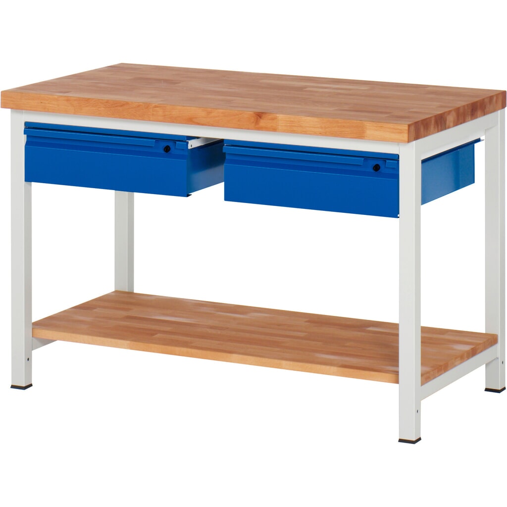 Banco da lavoro RAU serie 8000, piano di lavoro in faggio massiccio, spessore 40 mm, AxLxP 840-1.040 x 1.250 x 700 mm, 2 cassetti, 1 piano di appoggio profondità 557 mm Immagine del prodotto n. 1: Banco da lavoro RAU serie 8000, piano di lavoro in faggio massiccio, spessore 40 mm, AxLxP 840-1.040 x 1.250 x 700 mm, 2 cassetti, 1 piano di appoggio profondità 557 mm