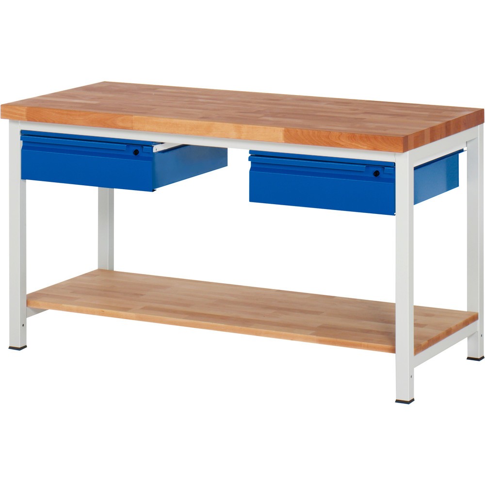 Immagine del prodotto: Banco da lavoro RAU serie 8000, piano di lavoro in faggio massiccio, spessore 40 mm, AxLxP 840-1.040 x 1.500 x 700 mm, 2 cassetti, 1 piano di appoggio profondità 557 mm