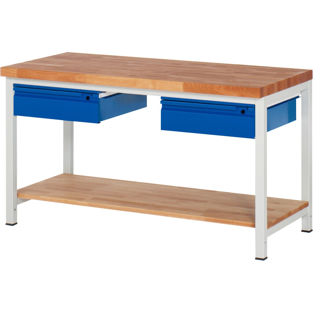 Immagine del prodotto n. 1: Banco da lavoro RAU serie 8000, piano di lavoro in faggio massiccio, spessore 40 mm, AxLxP 840-1.040 x 1.500 x 700 mm, 2 cassetti, 1 piano di appoggio profondità 557 mm