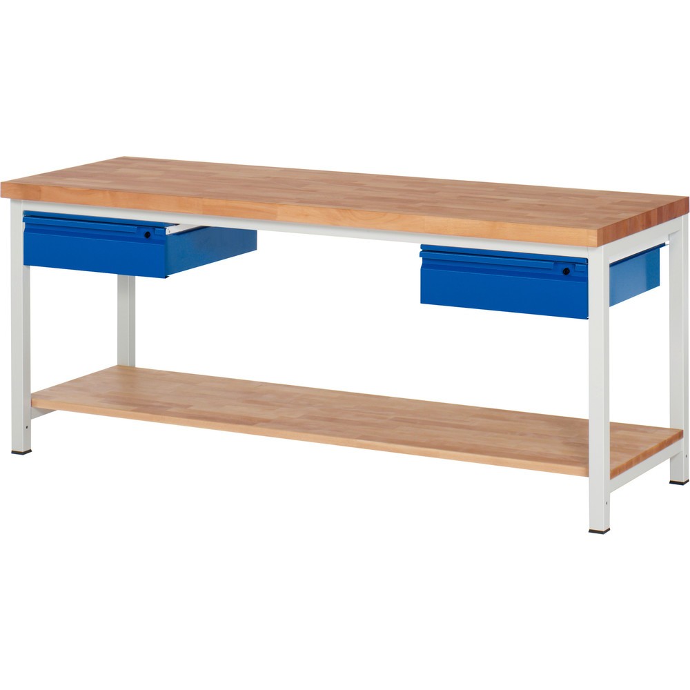 Immagine del prodotto n. 1: Banco da lavoro RAU serie 8000, piano di lavoro in faggio massiccio, spessore 40 mm, AxLxP 840 x 2.000 x 700 mm, 2 cassetti, 1 piano di appoggio profondità 557 mm