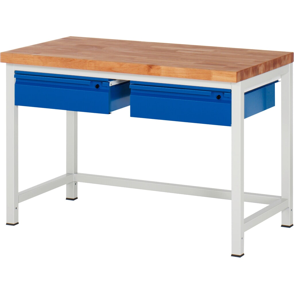 Immagine del prodotto: Banco da lavoro RAU serie 8000, piano di lavoro in faggio massiccio, spessore 40 mm, AxLxP 840 x 1.250 x 700 mm, 2 cassetti 2 x 150 mm